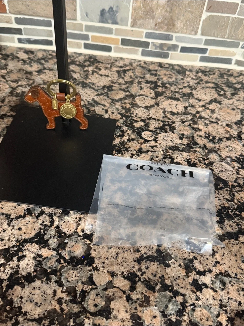 Coach Tan/Brown Leather Dog Charm with Gold-Tone Ring